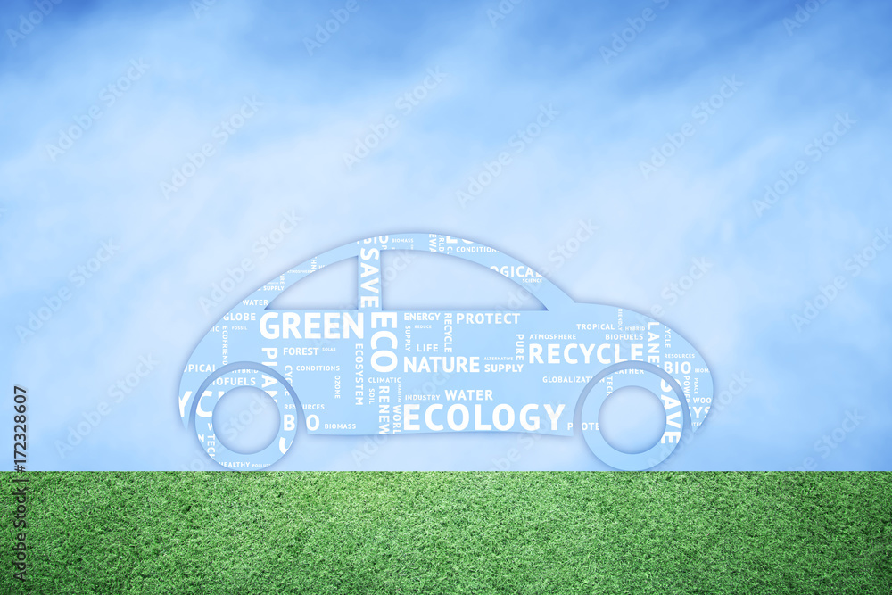 概念性绿色能源图解生态汽车图标，混合词云背景。
