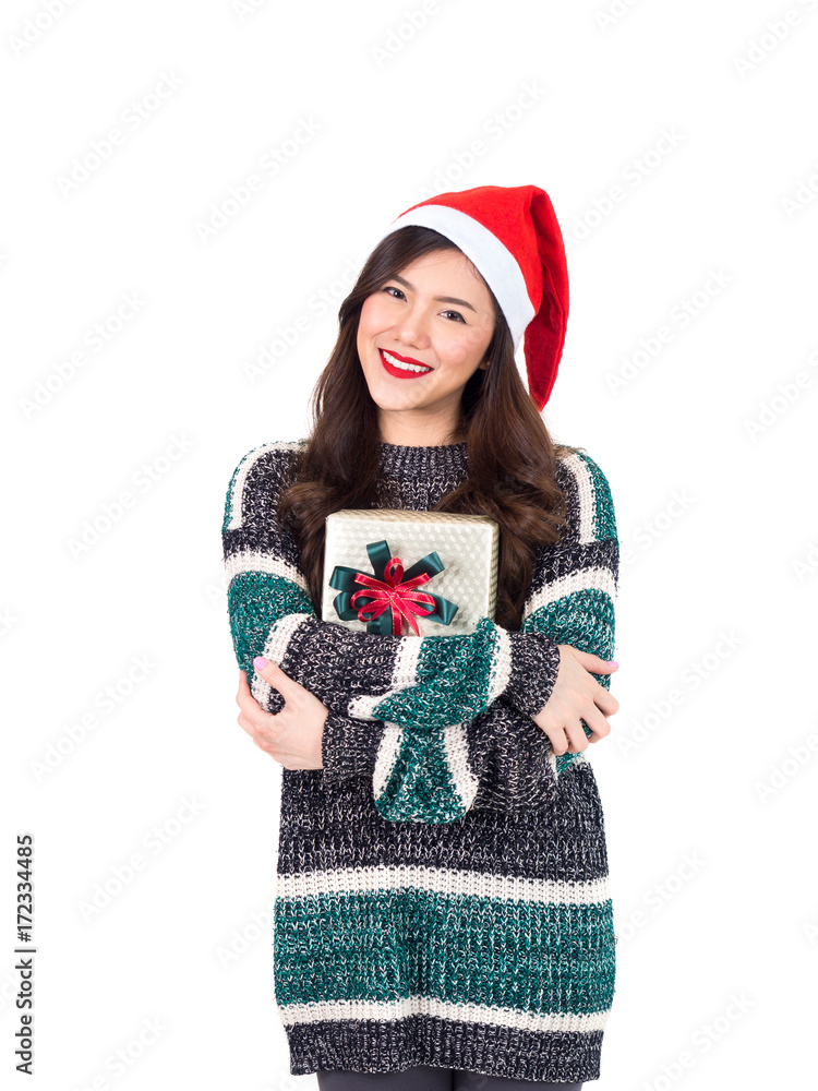 Young happy asian woman with santa hat holding gift box present for christmas party and celebration 