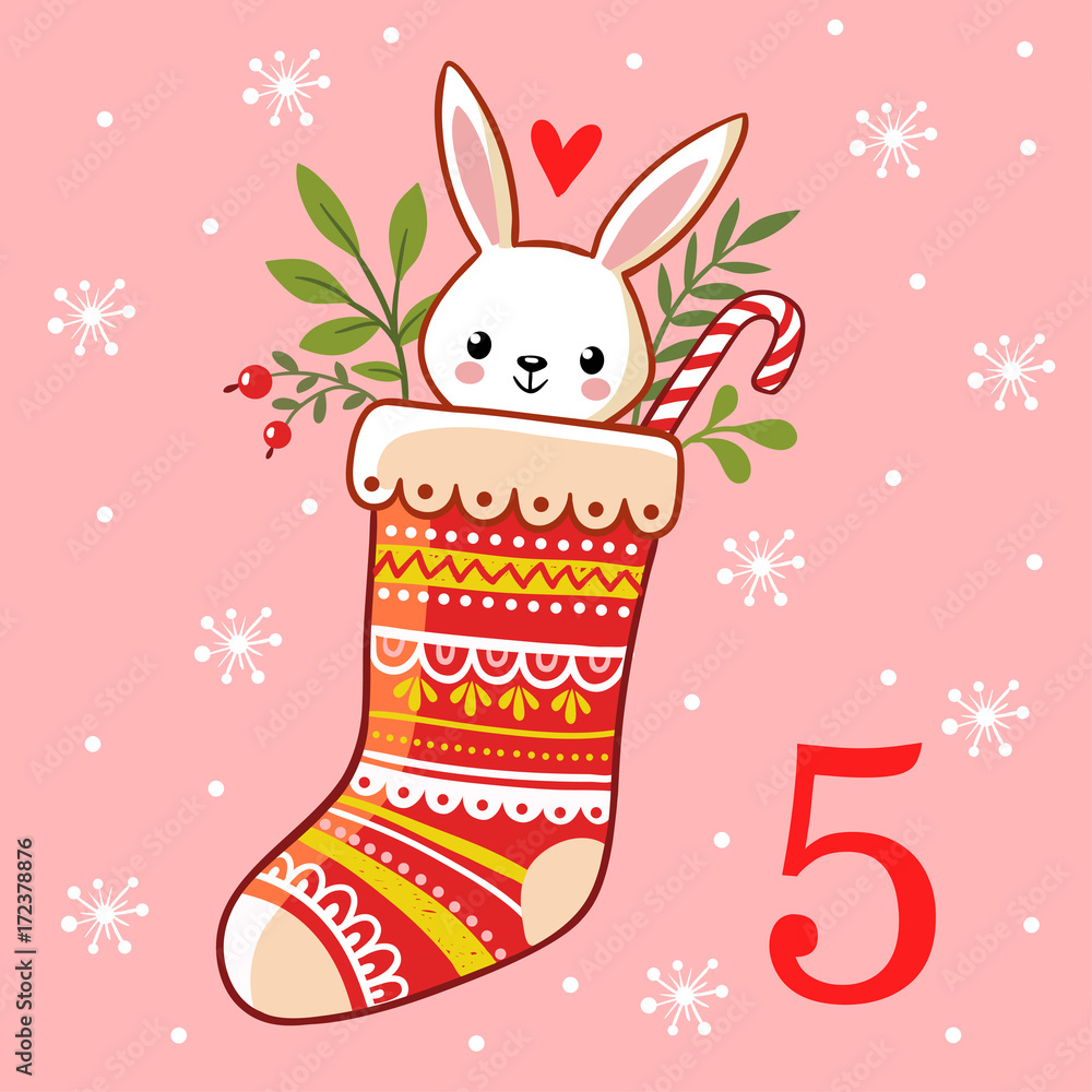 Vector Christmas advent calendar in childrens style. The hare is sitting in a Christmas sock. Illust