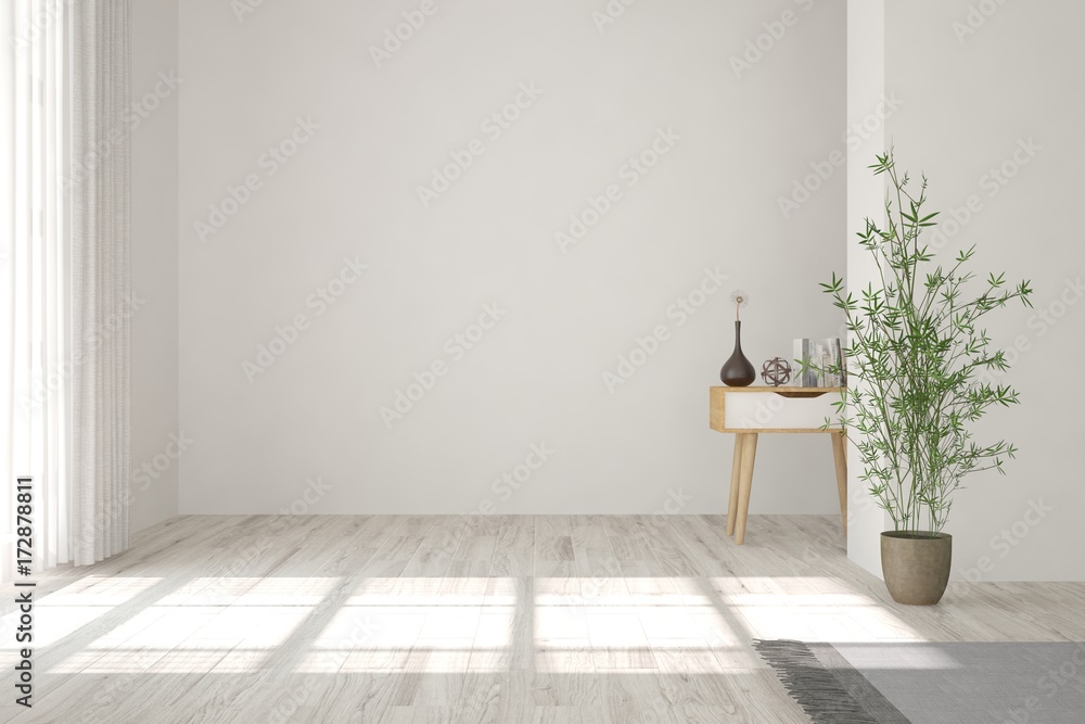 带绿色花朵的白色空房间的想法。斯堪的纳维亚室内设计。3D插图