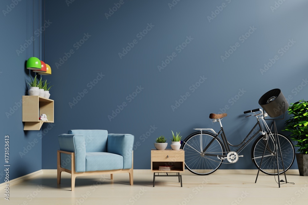 宽敞的蓝色客厅有蓝色扶手椅，室内装饰有自行车，3D渲染。