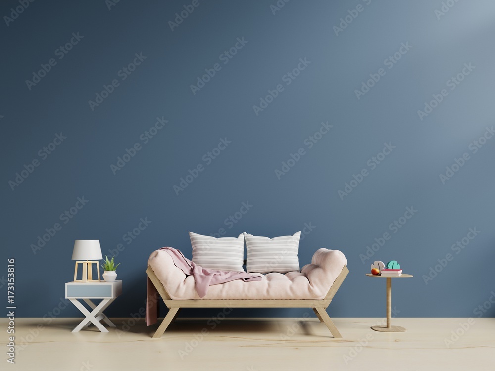 客厅粉色沙发，深色墙壁，3D渲染