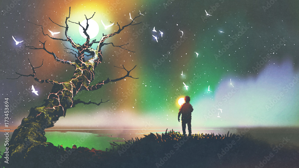 男孩拿着光球看着幻想树的夜景，数字艺术风格，插图