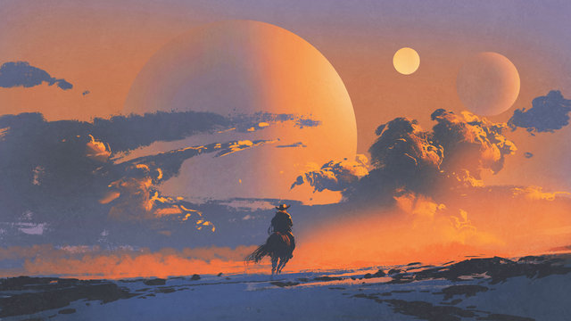 cowboy riding a horse against sunset sky with planets background, digital art style, illustration pa