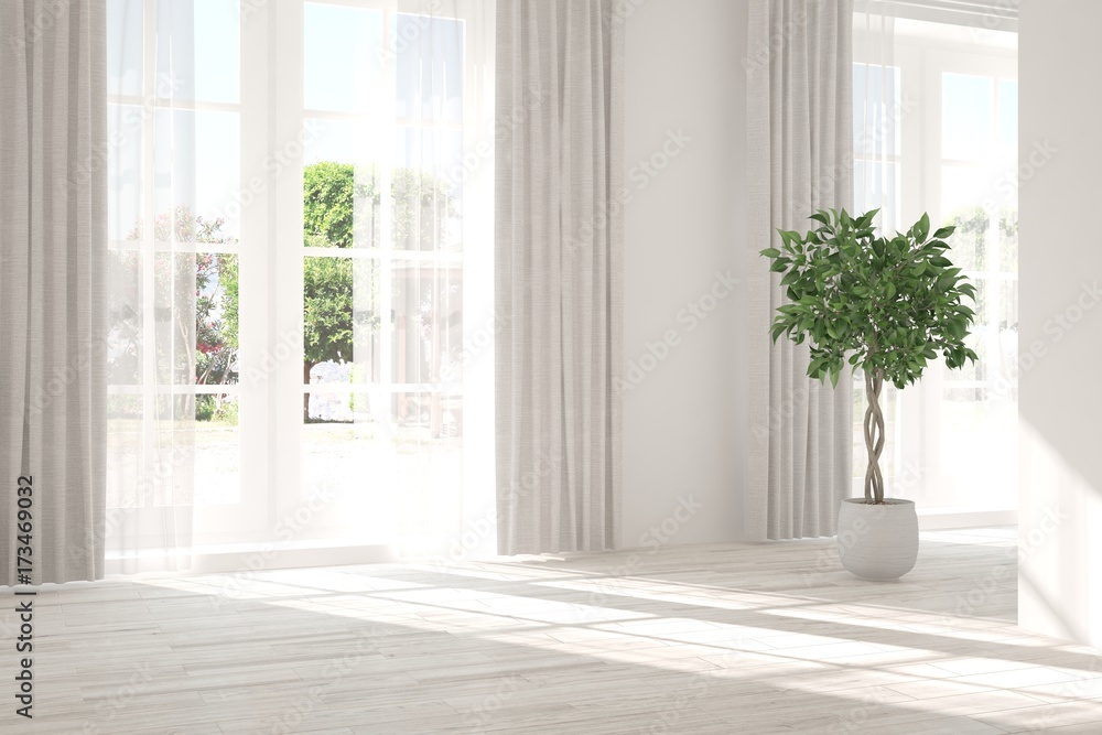 Inspiration of white empty room with summer landscape in window. Scandinavian interior design. 3D il