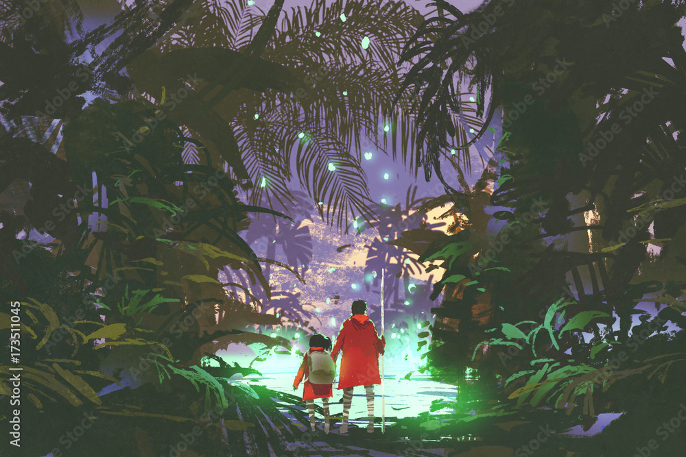 男人和小女孩在幻想森林中看着发光的绿色沼泽，数字艺术风格，插图