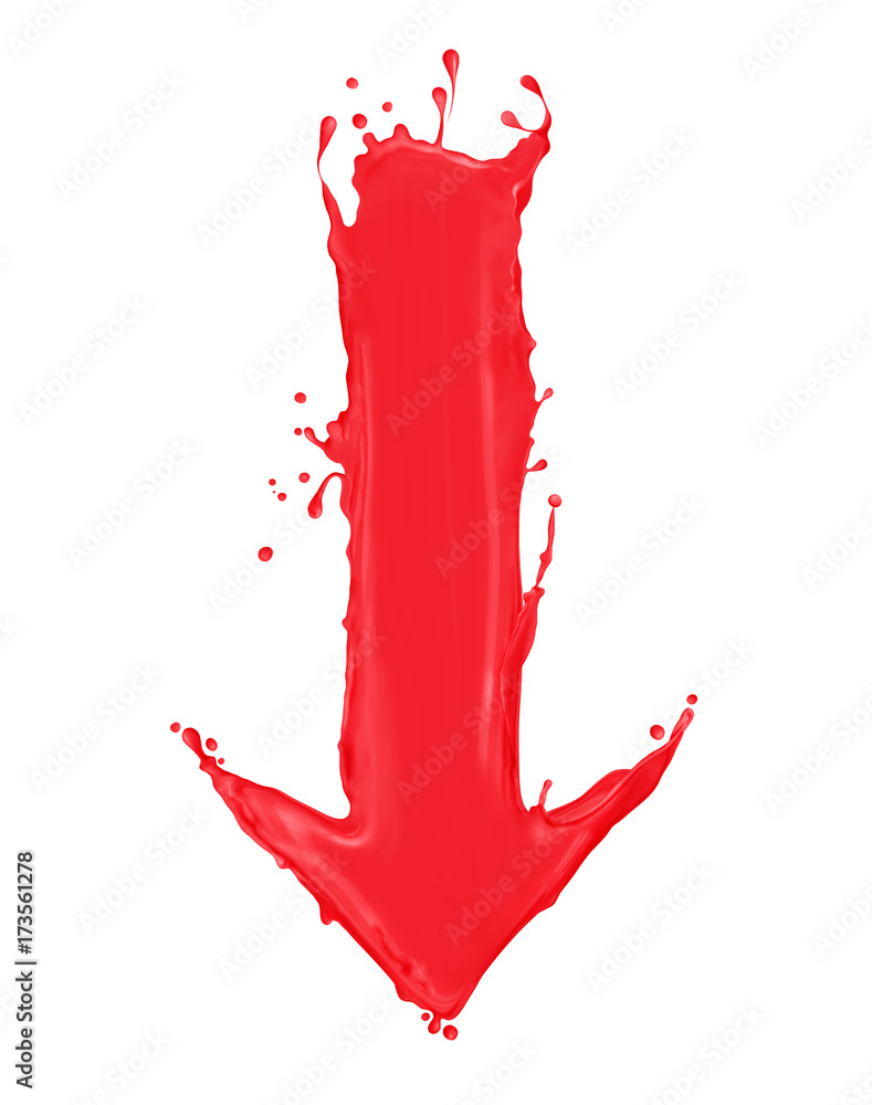 Red arrow made of a splash of paint on white background