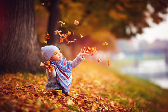 可爱的快乐女孩，把落叶扔起来，在秋天的公园里玩耍
