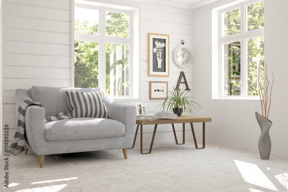 白色房间的理念，扶手椅和窗户里的夏季景观。斯堪的纳维亚室内设计。3D il