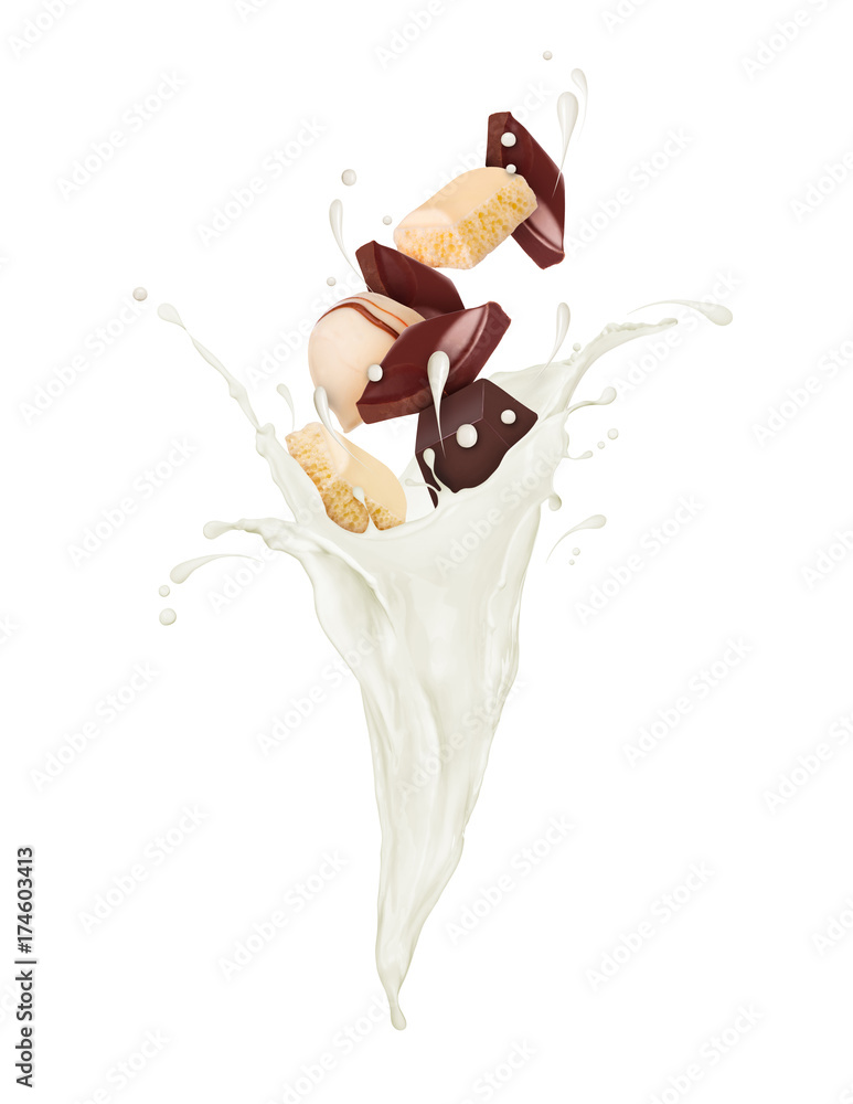 巧克力糖果淹没在飞溅的牛奶中，孤立在白色背景上