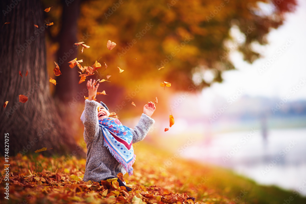 可爱快乐的女婴把落叶扔起来，在秋天的公园里玩耍