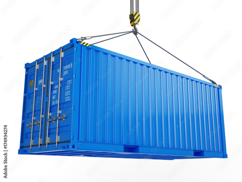 交付、货物、运输概念-蓝色集装箱由起重机吊钩悬挂，白色隔离。3d