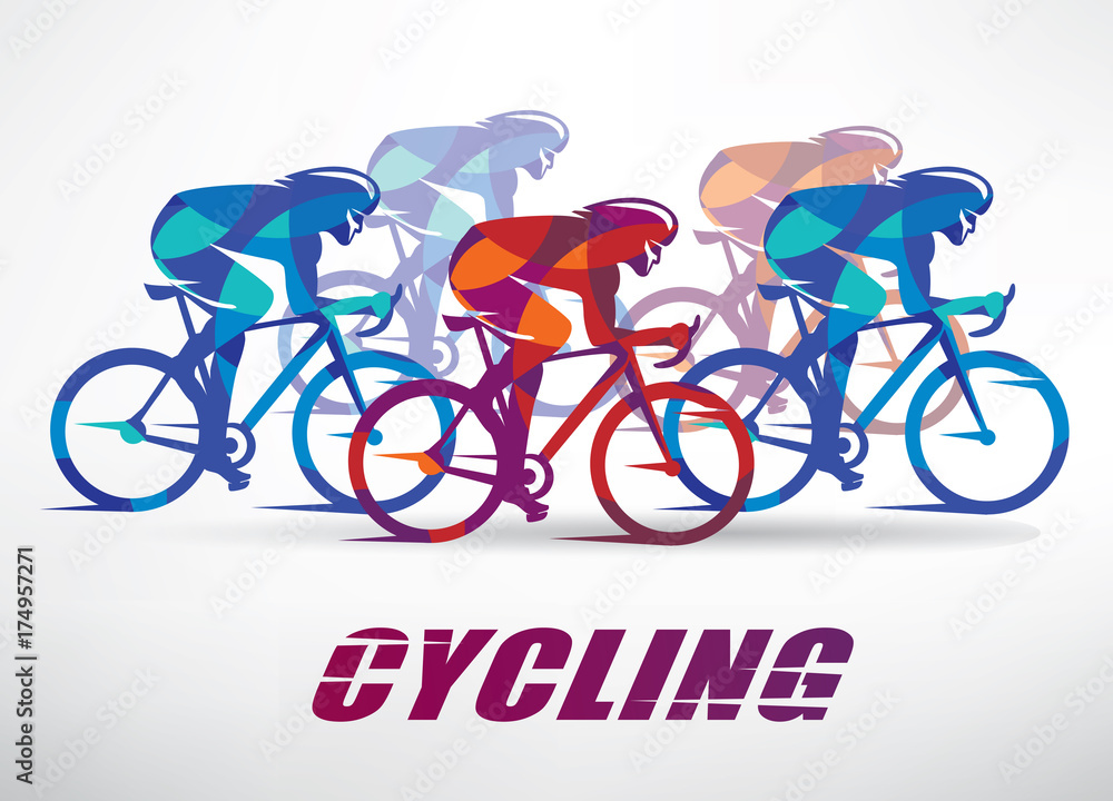自行车比赛风格化背景，自行车运动员矢量剪影