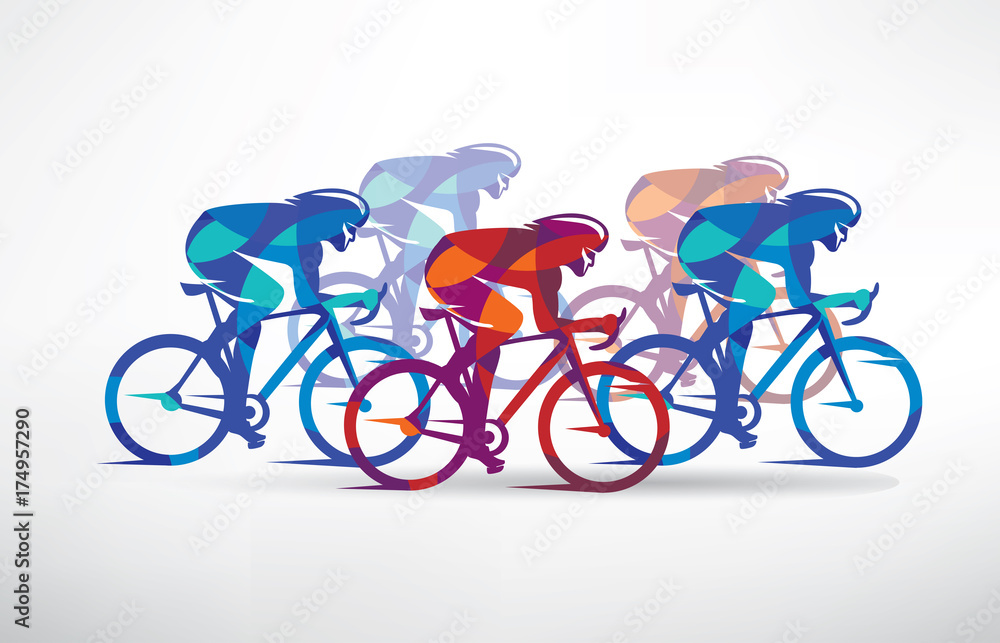自行车比赛风格化背景，自行车运动员矢量剪影
