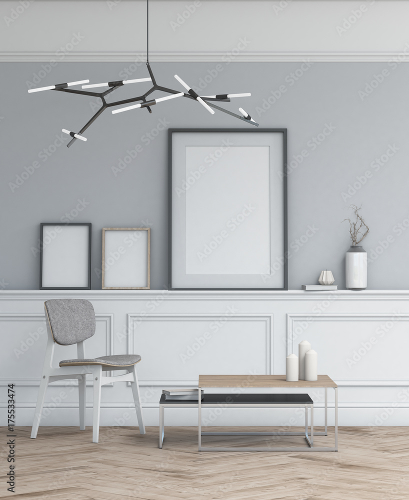室内设计，带框架的简单场景。三维现代斯堪的纳维亚室内。三维渲染工作室。
