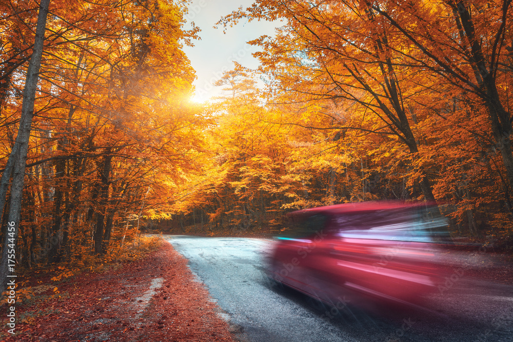日落时分，秋天森林里的山路上有一辆模糊的汽车。晚上汽车在行驶。太美了