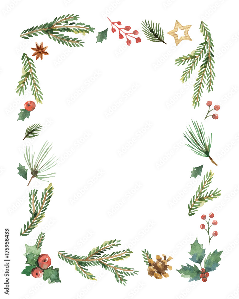水彩矢量圣诞框架，带有冷杉树枝和文本放置处。