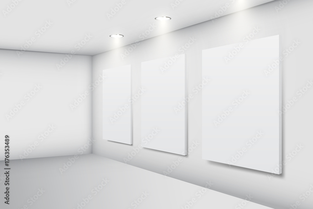 带有空相框的逼真白色画廊内部，矢量插图
