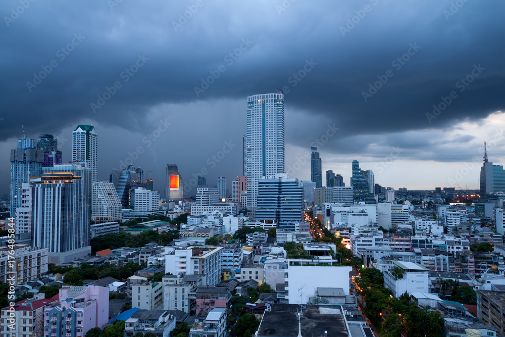 Aerial view of Bangkok downtown under the storm and cloudy sky