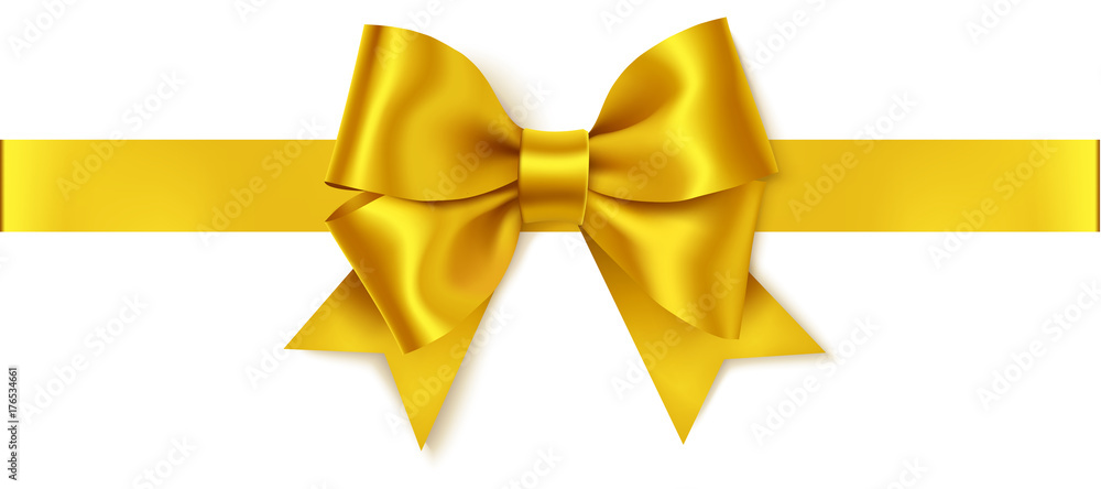 美丽的金色蝴蝶结和白色上隔离的水平金丝带。装饰矢量黄色蝴蝶结