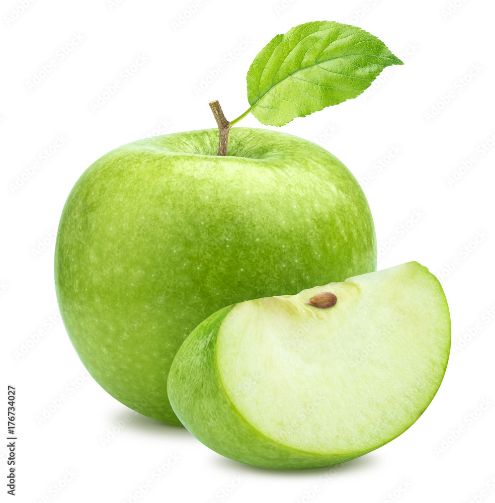 一个绿色苹果和四分之一块在白色背景上隔离