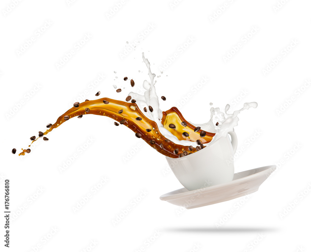 在咖啡饮料中加入牛奶，在白底上隔离