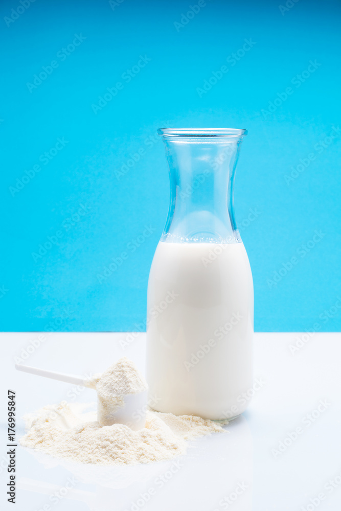 一瓶鲜奶，配奶粉和勺子，放在白色桌子上，蓝色背景。