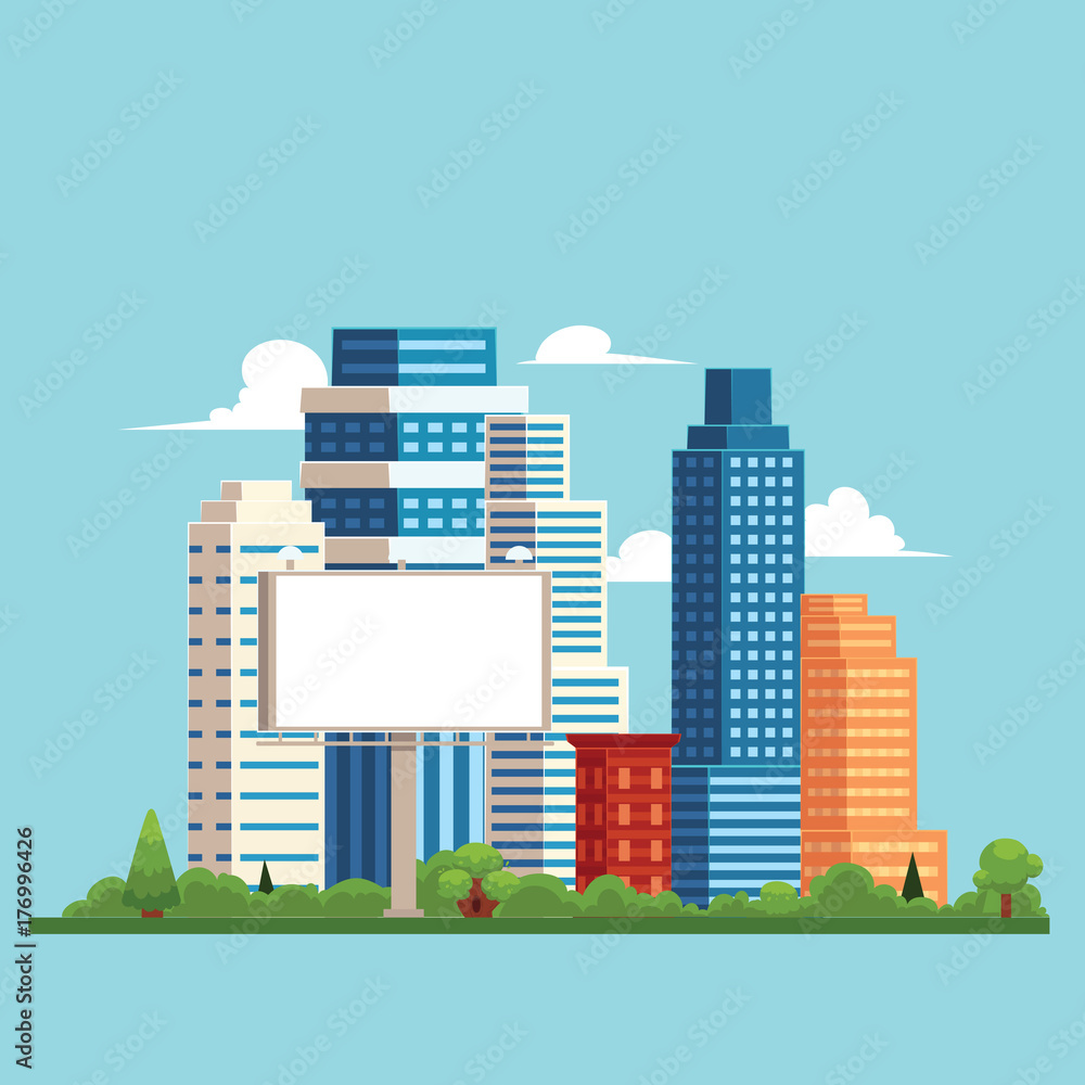 不同建筑和广告牌的矢量平面卡通城市景观。摩天大楼、办公中心sh