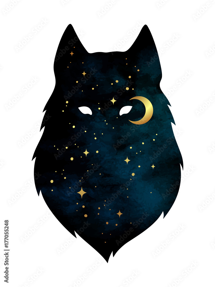 Silhouette of wolf with crescent moon and stars isolated. Sticker, print or tattoo design vector ill