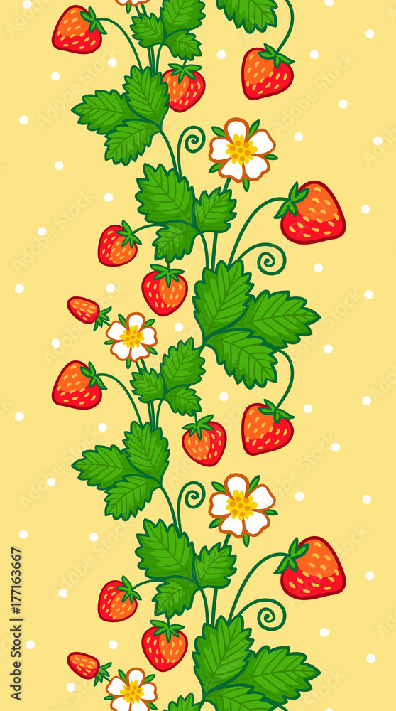 黄色背景上有一串草莓的无缝矢量图案。稻草插图