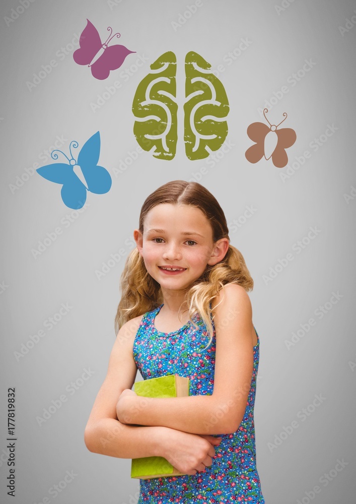 Girl against grey background with books and brain and butterfly