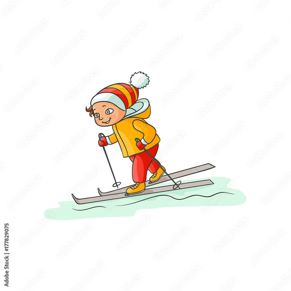 Happy little boy in warm clothes skiing downhill, winter sport activity, flat cartoon vector illustr