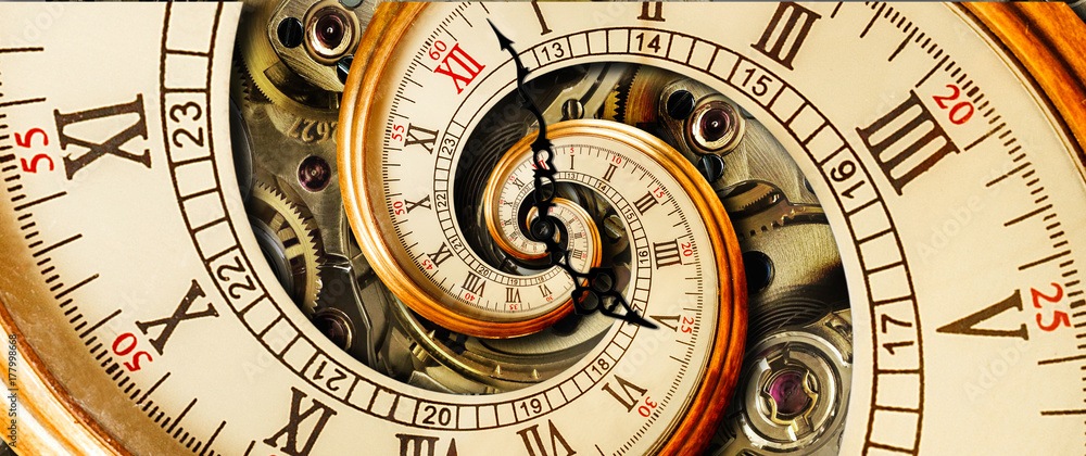 古董老式时钟抽象分形螺旋。观看经典时钟机制不同寻常的抽象纹理fr