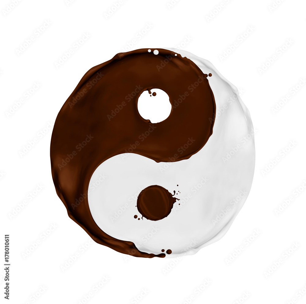 牛奶和巧克力以阴阳符号的形状飞溅，孤立在白底上