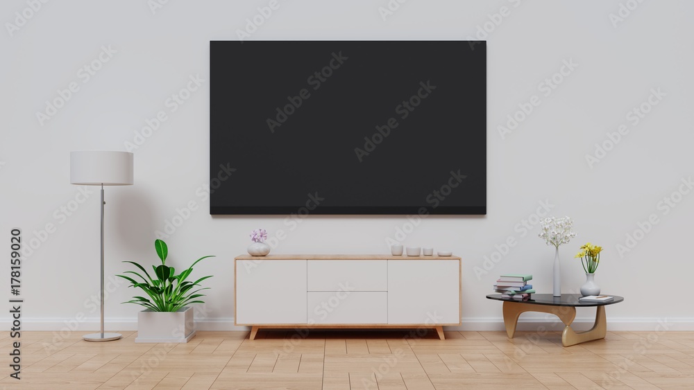 现代空房间的电视白墙背景。3D渲染。