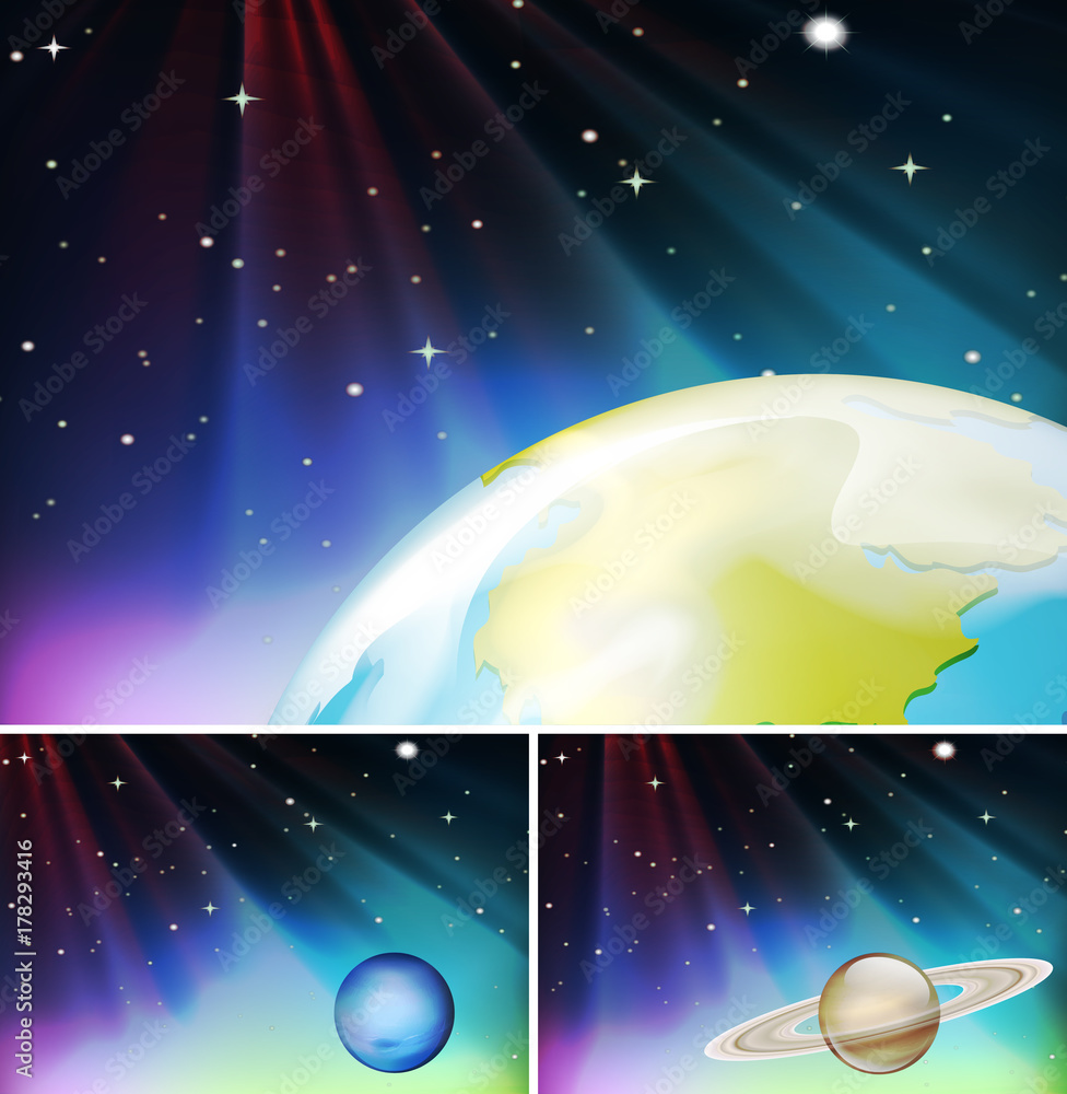 行星和恒星的三个太空场景