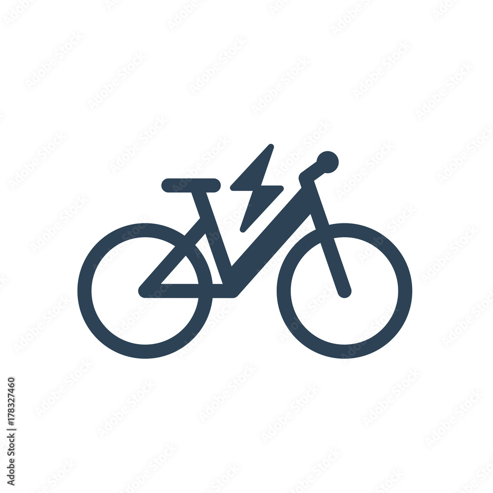 白色背景上的孤立电动城市自行车符号图标。带el的徒步电动自行车线条轮廓