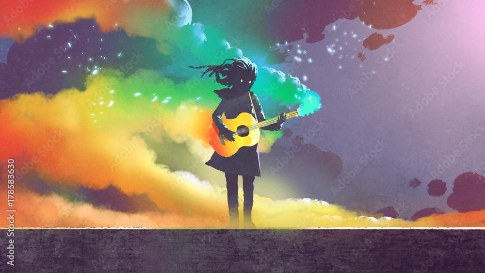 在黑暗背景下用彩色烟雾弹魔法吉他的女孩，数字艺术风格，插图