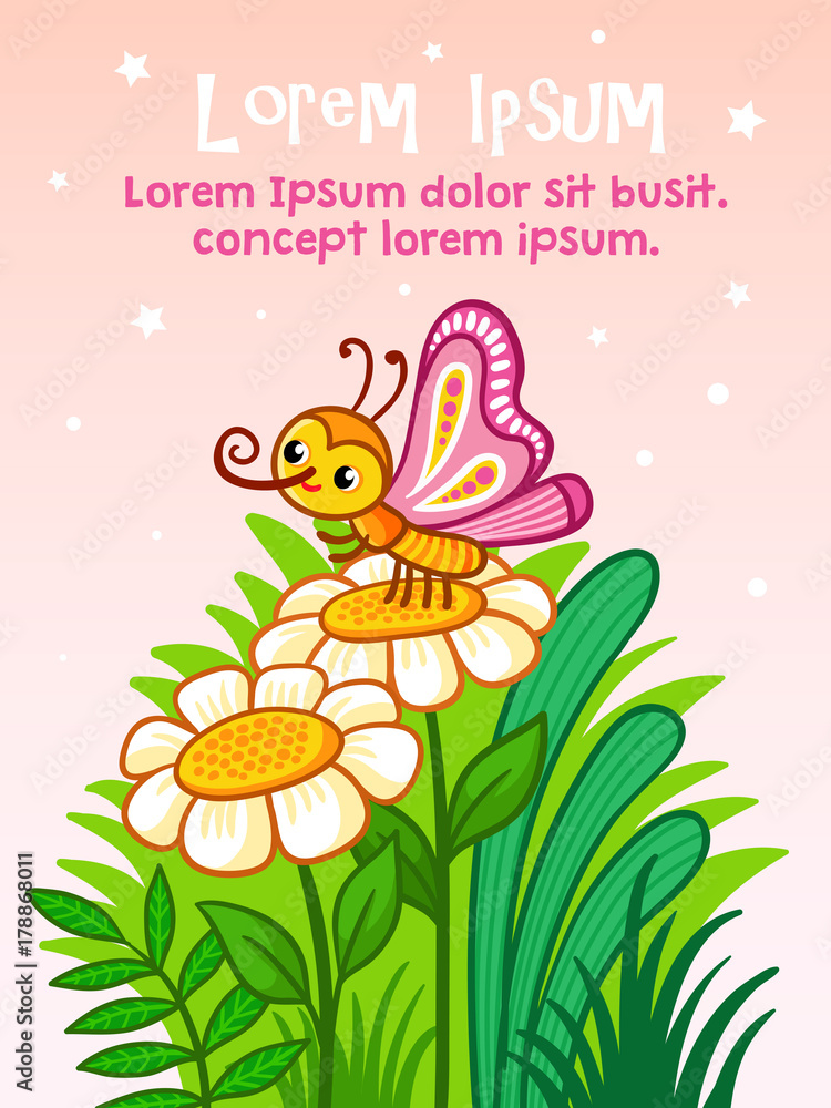 带蝴蝶、花朵和文字位置的矢量邀请卡。卡通明信片，儿童版