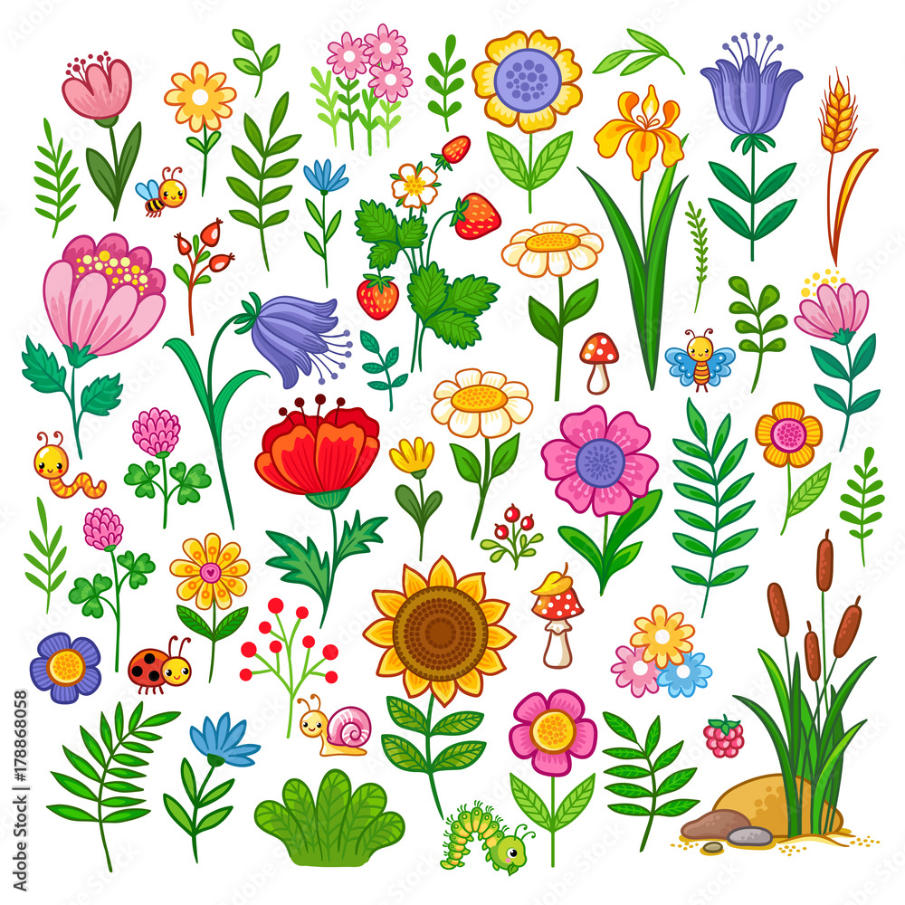 带花的矢量集。儿童卡通风格的昆虫和植物的甜蜜集合。