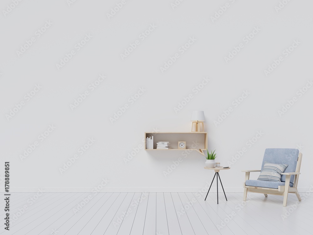 客厅内部配有天鹅绒灰色扶手椅，白色墙壁背景上有书架。3D rende