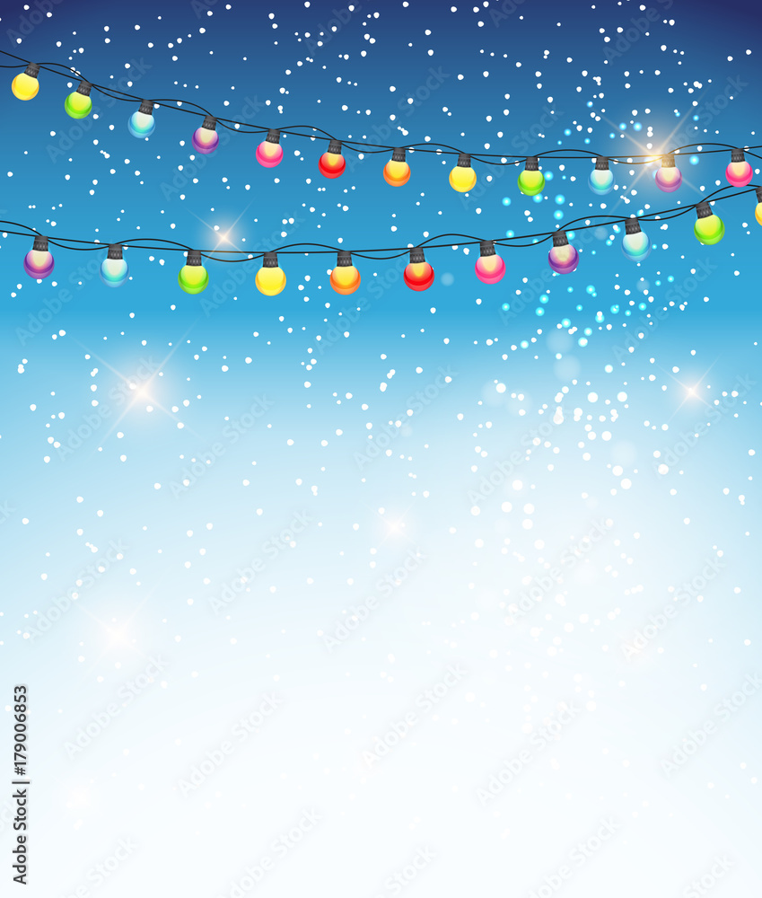 抽象的美丽圣诞和新年背景，加兰德灯泡灯和雪花飘落。矢量
