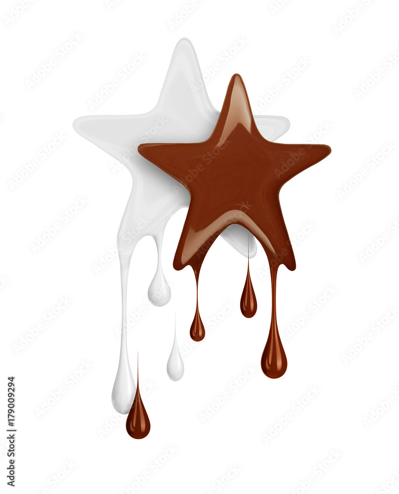 巧克力之星和滴下的牛奶之星。概念图隔离在白色背景上