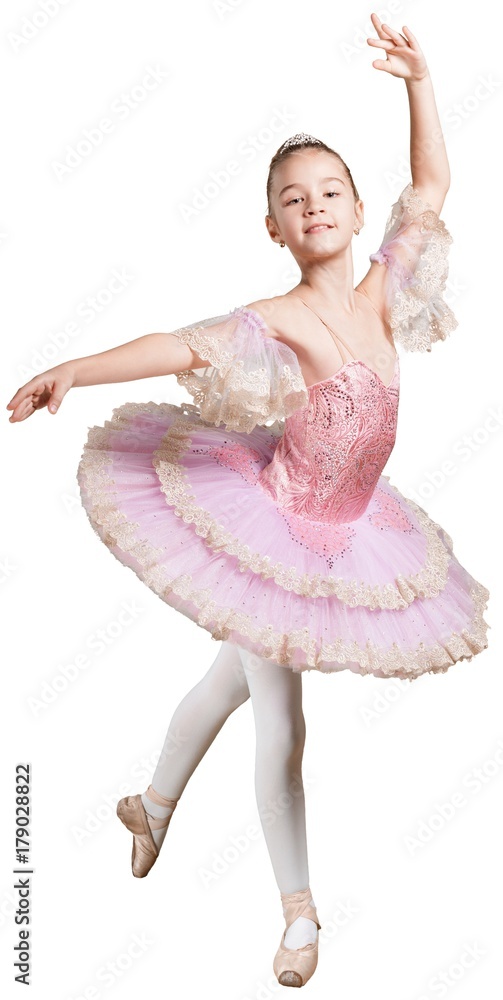 穿着粉色芭蕾舞短裙的芭蕾舞小女孩。可爱的孩子在跳舞