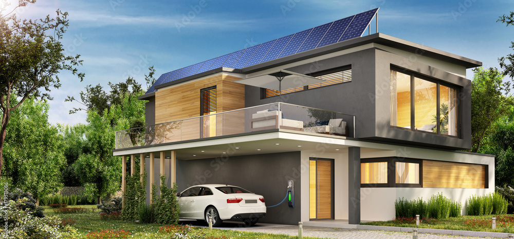 带太阳能电池板和电动汽车的房子