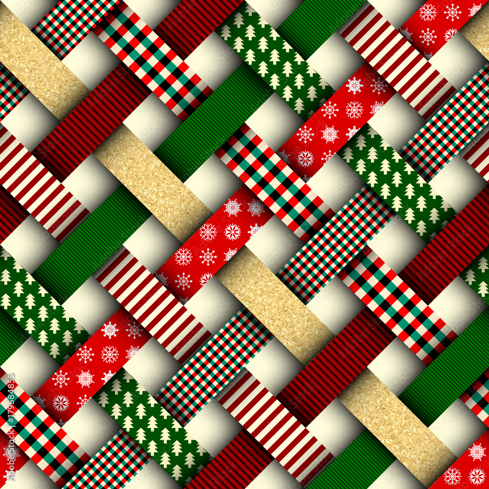 拼接风格的无缝圣诞背景。重新编织带有圣诞图案的交织缎带