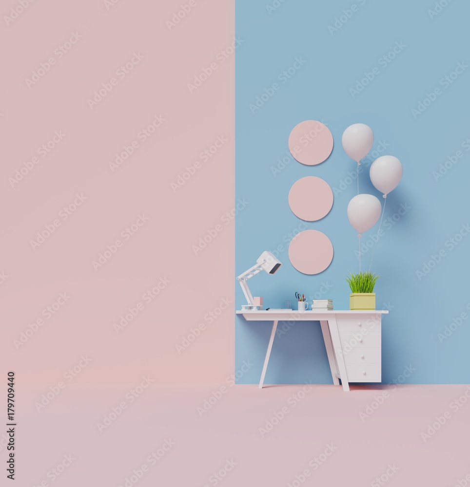 带办公桌和气球的彩色客厅。3D渲染