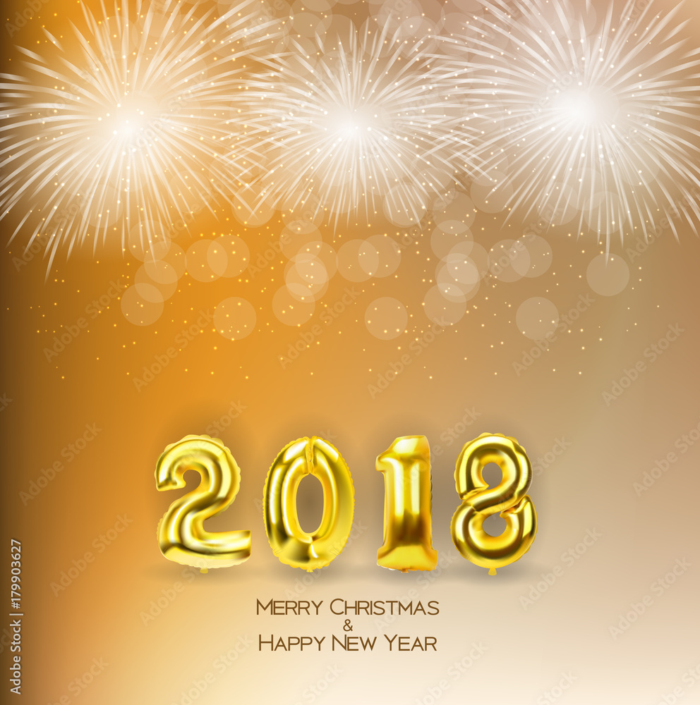 2018新年背景与金色气球。矢量插图