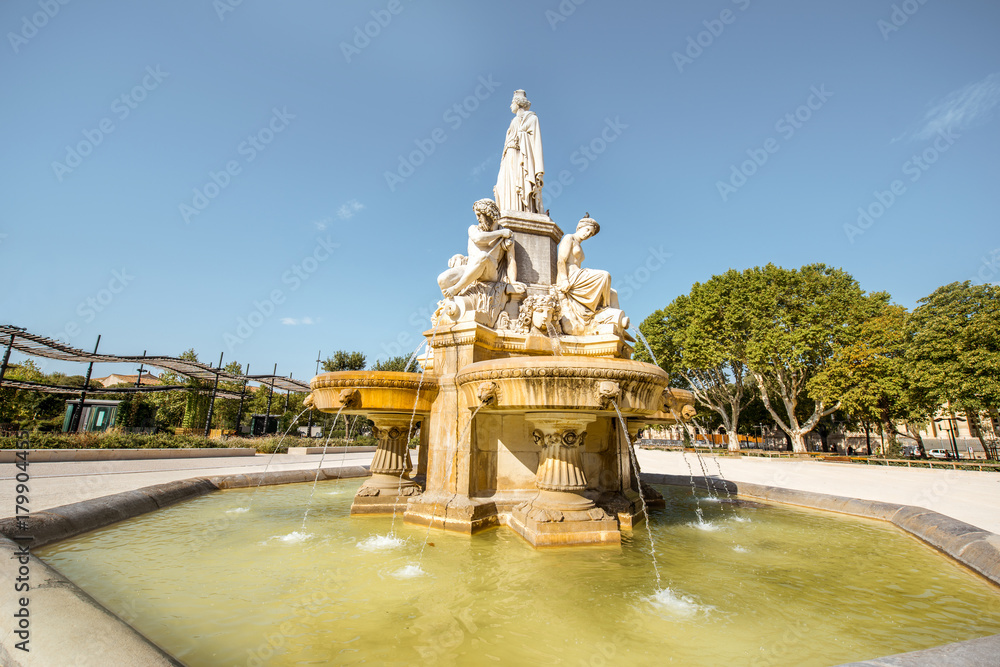View on the Charles Gaulle fountain in Nimes city during the sunny morning in the Occitanie region o