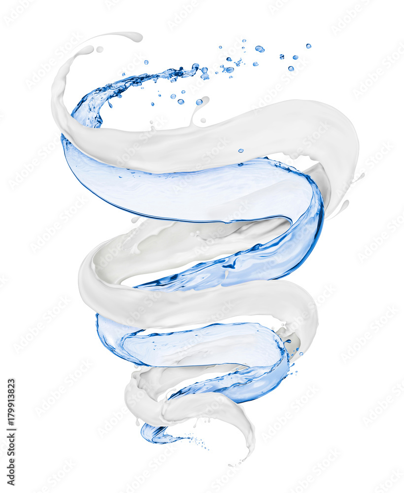 飞溅的水和牛奶在白色背景上扭曲成螺旋状